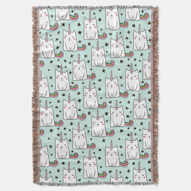 Niedliche Hand gezeichnetes Unicorn-Katzen-Muster Decke (Vorderseite Vertikal)