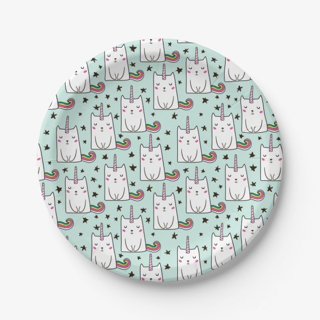 Niedliche Hand gezeichnetes Unicorn-Katzen-Muster Pappteller (Vorderseite)