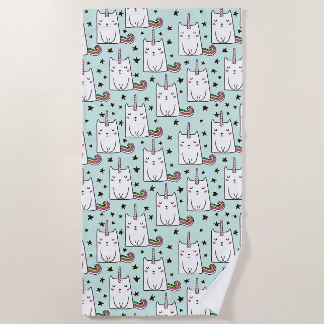 Niedliche Hand gezeichnetes Unicorn-Katzen-Muster Strandtuch (Vorderseite)
