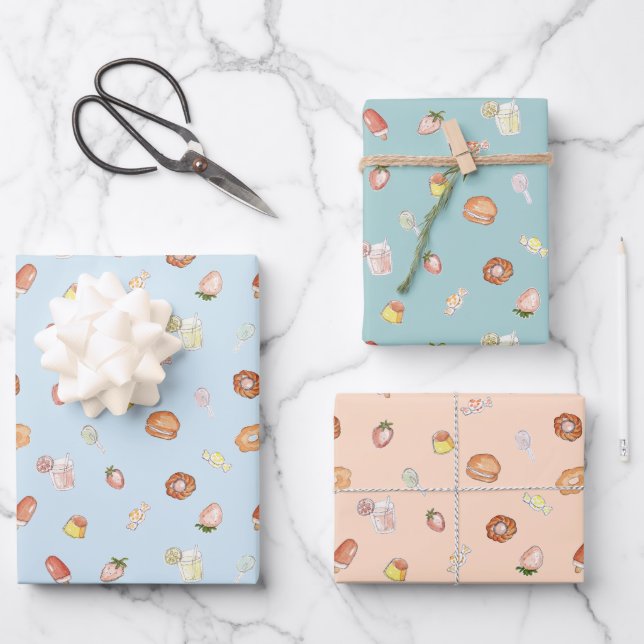 Niedliche, handgezogene Desserts mit Pastellmuster Geschenkpapier Set (Vorderseite)