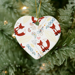 Niedliche, handgezogene Foxhörnchen in Gelb-Blau-R Keramik Ornament