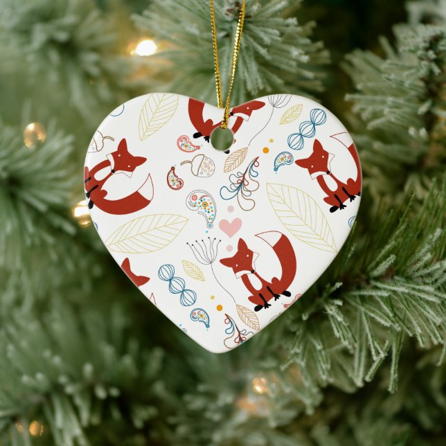 Niedliche, handgezogene Foxhörnchen in Gelb-Blau-R Keramik Ornament (Baum)