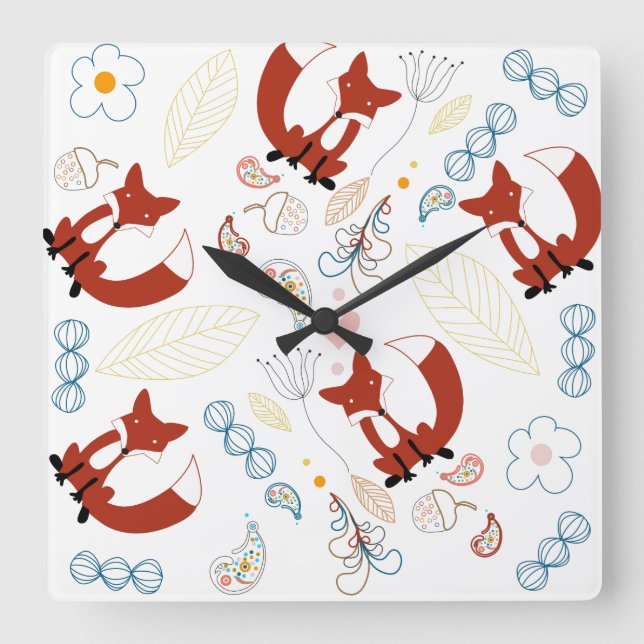 Niedliche, handgezogene Foxhörnchen in Gelb-Blau-R Quadratische Wanduhr (Vorderseite)