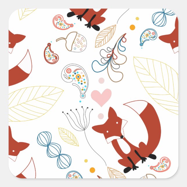 Niedliche, handgezogene Foxhörnchen in Gelb-Blau-R Quadratischer Aufkleber (Vorderseite)