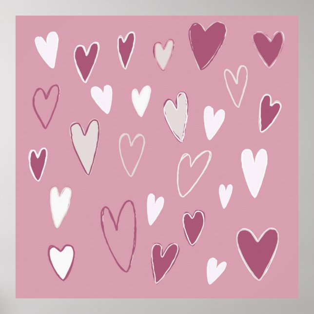 Niedliche Handgezogene Herzen Rosa Weiß Poster (Vorne)