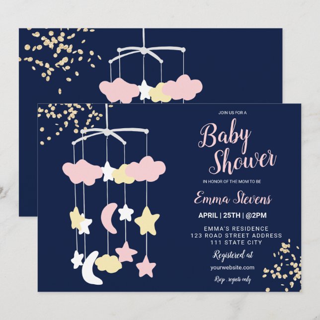 Niedliche Hängetuch Himmel Gold Glitzer Babydusche Einladung (Vorne/Hinten)