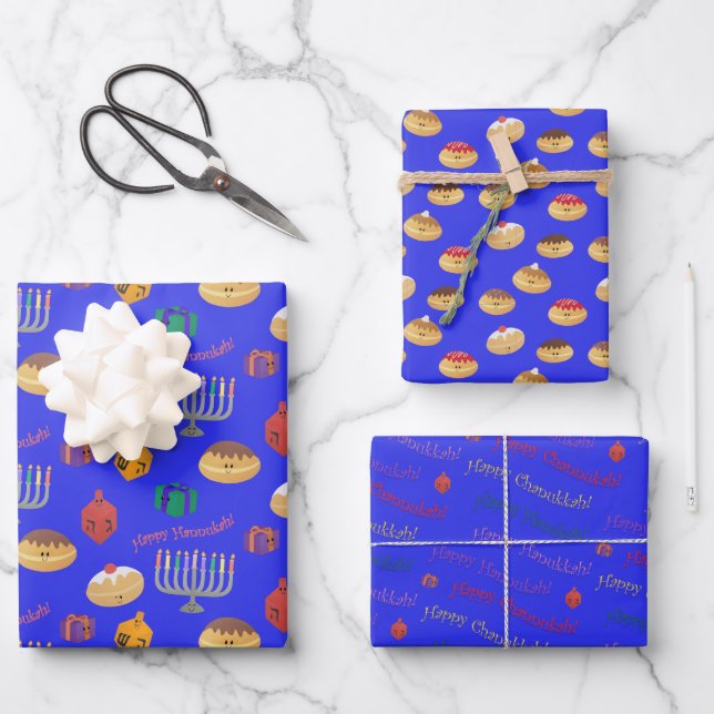 Niedliche Hannukah gemustert Wrapping Paper Sheets Geschenkpapier Set (Vorderseite)