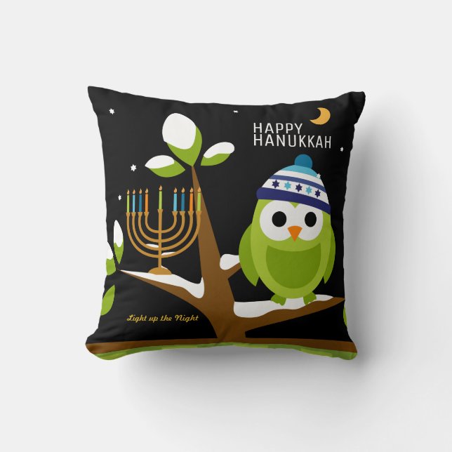 Niedliche Hanukkah Big Owl & Menorah Schneebaumnac Kissen (Vorderseite)