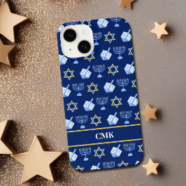 Niedliche Hanukkah Dreidel Menorah Blue Monogram iPhone 14 Hülle