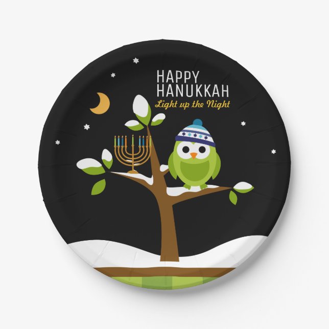 Niedliche Hanukkah Lighup of Night Owl & Menorah Pappteller (Vorderseite)