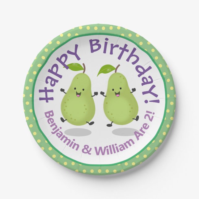 Niedliche Happy Birnen Zwillinge Cartoon Illustrat Pappteller (Vorderseite)