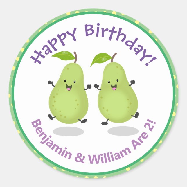 Niedliche Happy Birnen Zwillinge Cartoon Illustrat Runder Aufkleber (Vorderseite)