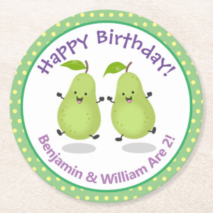 Niedliche Happy Birnen Zwillinge Cartoon Illustrat Runder Pappuntersetzer