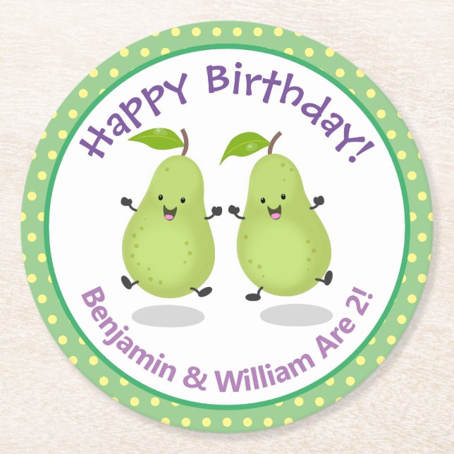 Niedliche Happy Birnen Zwillinge Cartoon Illustrat Runder Pappuntersetzer (Vorderseite)