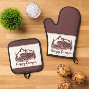 Niedliche Happy Camping Wortart Ofenhandschuh & Topflappen-Set