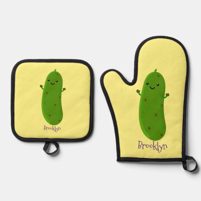 Niedliche Happy Cartoon Illustration Ofenhandschuh & Topflappen-Set (Vorderseite)