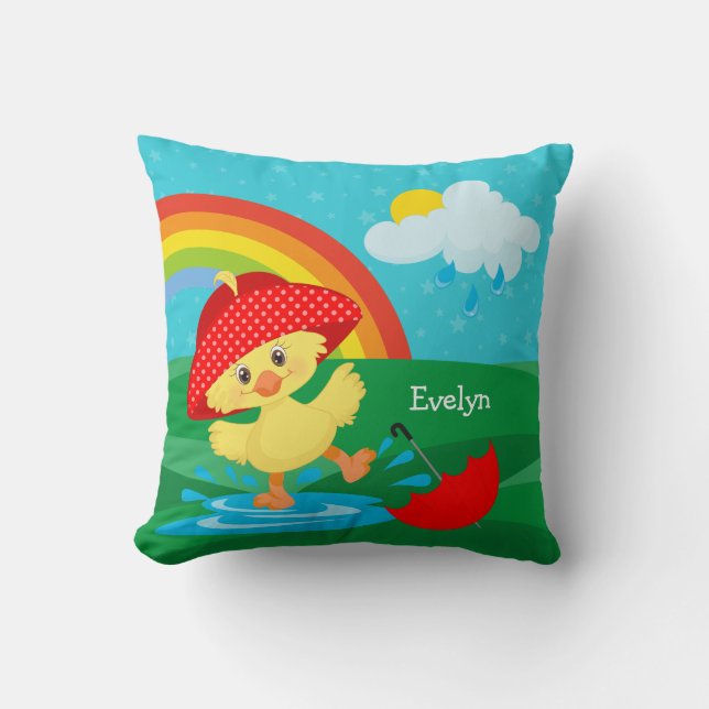 Niedliche Happy Duck in Regen mit Regenbogen Kissen (Vorderseite)