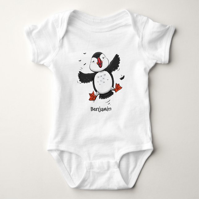 Niedliche Happy-Fying-Puffsängerin mit blauen Cart Baby Strampler (Vorderseite)