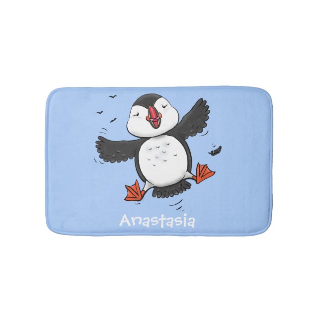 Niedliche Happy-Fying-Puffsängerin mit blauen Cart Badematte (Vorderseite)