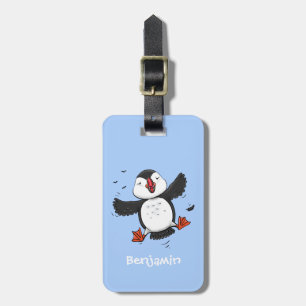 Niedliche Happy-Fying-Puffsängerin mit blauen Cart Gepäckanhänger