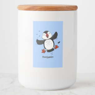 Niedliche Happy-Fying-Puffsängerin mit blauen Cart Lebensmitteletikett