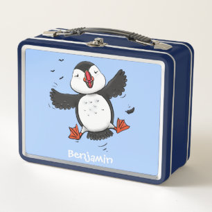 Niedliche Happy-Fying-Puffsängerin mit blauen Cart Metall Brotdose