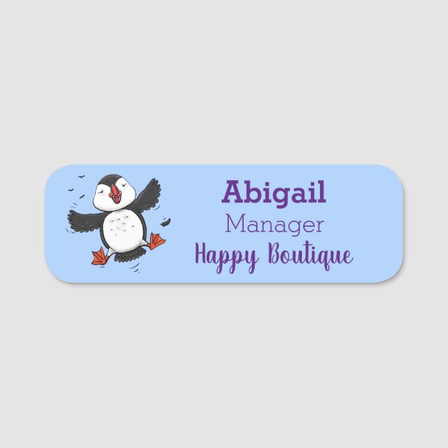 Niedliche Happy-Fying-Puffsängerin mit blauen Cart Namensschild (Vorderseite)