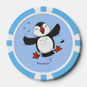 Niedliche Happy-Fying-Puffsängerin mit blauen Cart Pokerchips