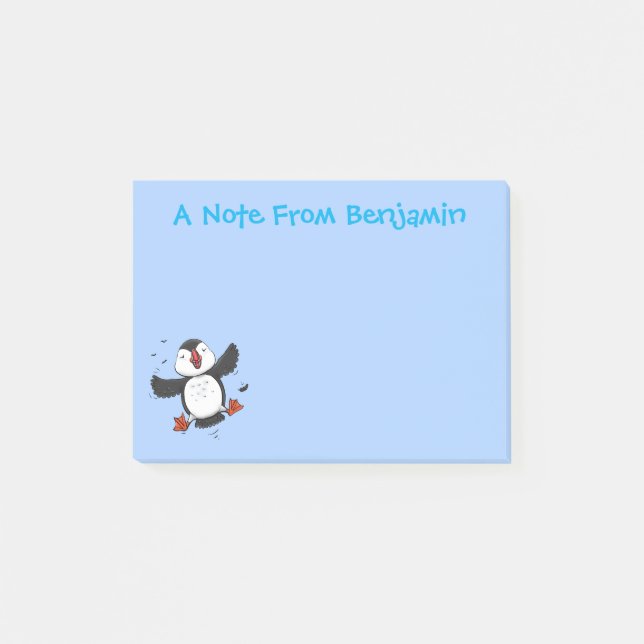 Niedliche Happy-Fying-Puffsängerin mit blauen Cart Post-it Klebezettel (Vorderseite)