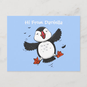 Niedliche Happy-Fying-Puffsängerin mit blauen Cart Postkarte
