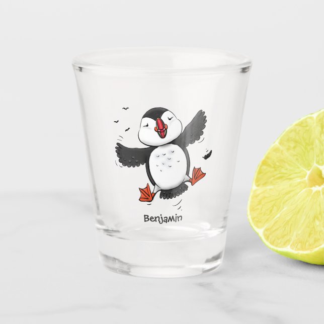 Niedliche Happy-Fying-Puffsängerin mit blauen Cart Schnapsglas (Vorderseite)