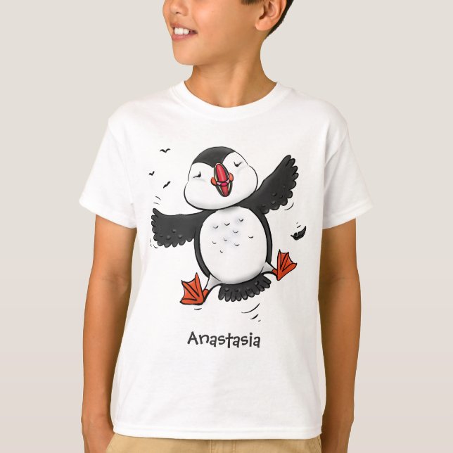 Niedliche Happy-Fying-Puffsängerin mit blauen Cart T-Shirt (Vorderseite)