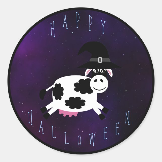 Niedliche Happy Halloween Kuh mit Hexenhut Runder Aufkleber (Vorderseite)