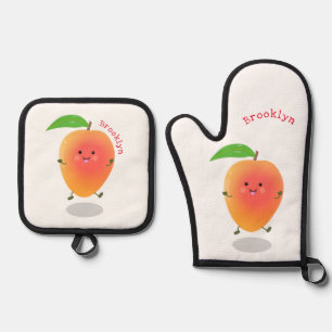 Niedliche Happy Mango Cartoon Illustration Ofenhandschuh & Topflappen-Set