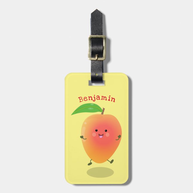 Niedliche Happy Mango Gelb Cartoon Illustration Gepäckanhänger (Vorderseite vertikal)