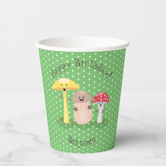 Niedliche Happy Pilz Cartoon Illustration Pappbecher (Vorderseite)