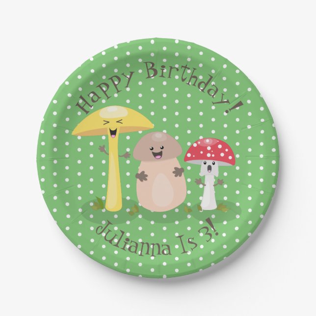 Niedliche Happy Pilz Cartoon Illustration Pappteller (Vorderseite)