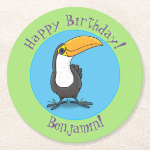 Niedliche Happy Toucan Cartoon-Abbildung Runder Pappuntersetzer