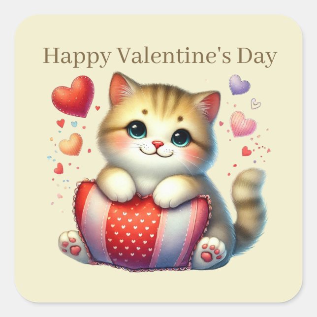 Niedliche Happy Valentine Day Cat Quadratischer Aufkleber (Vorderseite)