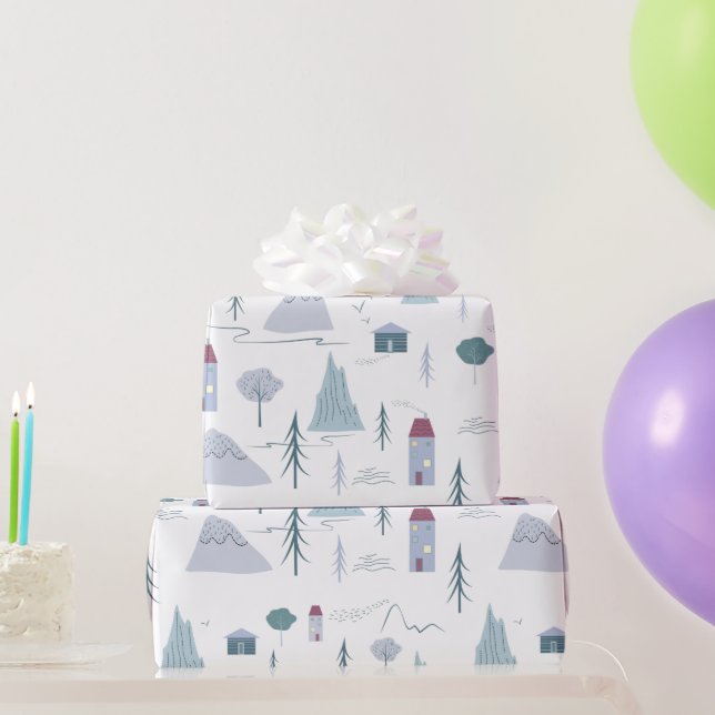Niedliche Häuser Bäume Gebirge Modernes Muster Geschenkpapier (Partygeschenke)