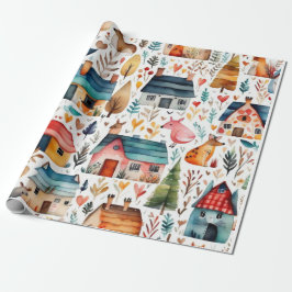 Niedliche Häuser Blume Tiere Umschlagpapier Geschenkpapier