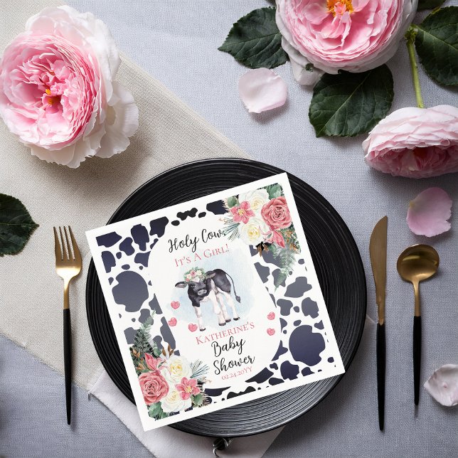 Niedliche Heilige Kuh, eine Mädchendusche Serviette (Cute "Holy Cow, It's A Girl!" Black and White Cow Theme | Pink Floral Baby Shower Paper Napkins)