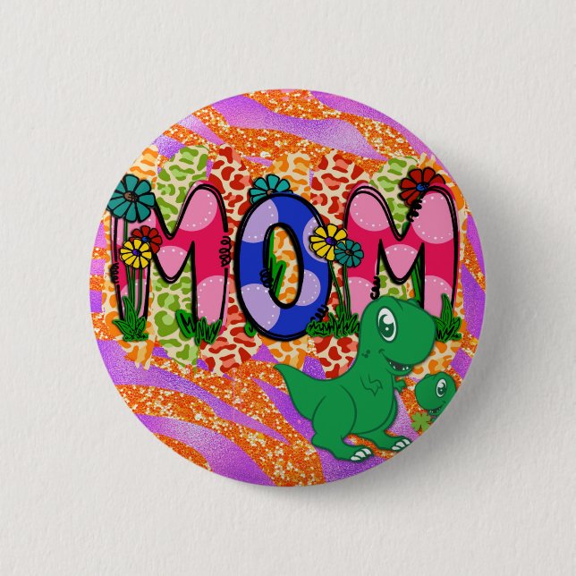 Niedliche helle Mama Dinosaurier Muttertag Gruß Button (Vorderseite)
