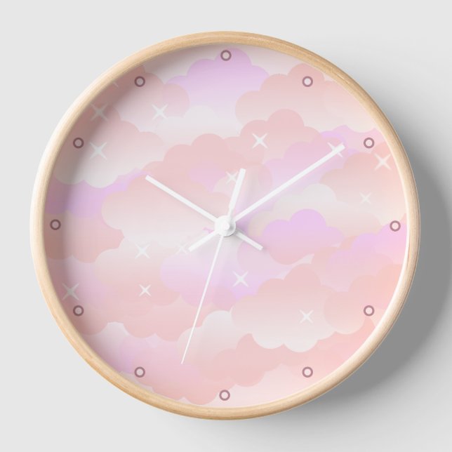 Niedliche hellrosa Ästhetische Wolken Sterne Himme Uhr (Vorderseite)