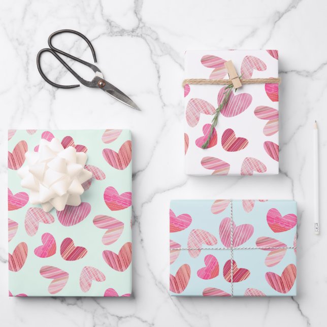 Niedliche Herzen Rosa Aquarellfarben und Texturmus Geschenkpapier Set (Vorderseite)