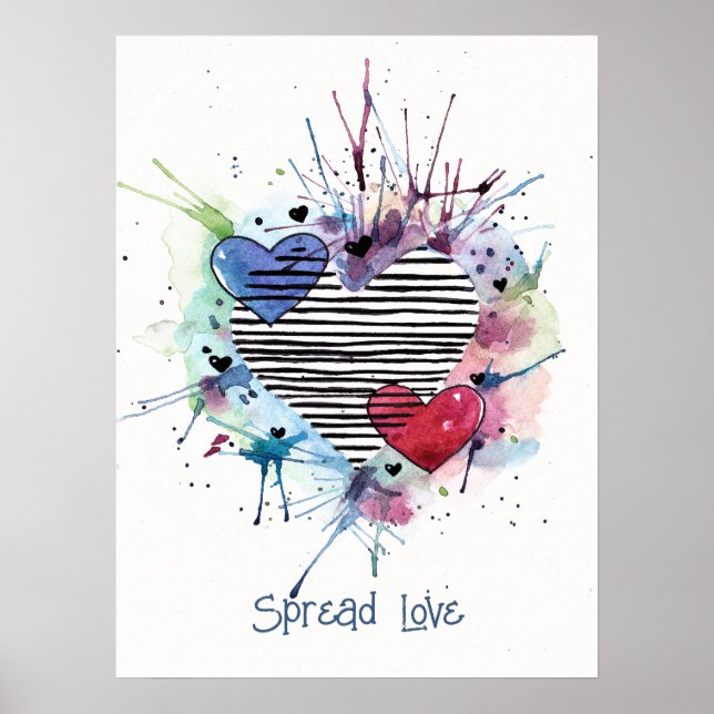 Niedliche Herzen und Waschbecken in Aquarellkone Poster (Vorne)