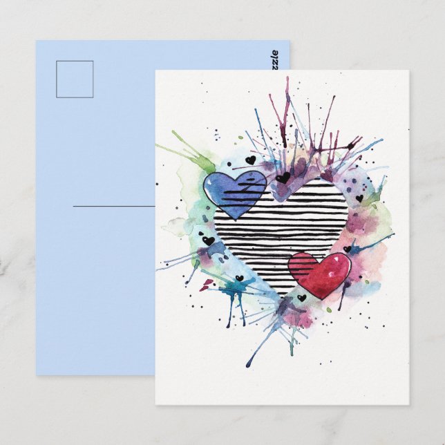 Niedliche Herzen und Waschen in Aquarellen Postkarte (Vorne/Hinten)