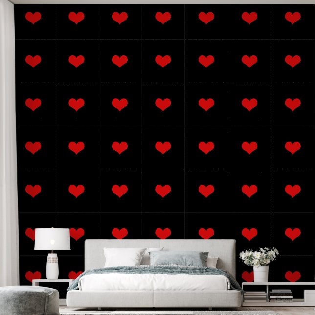 Niedliche Herzmuster Rot Schwarz Benutzerdefiniert Tapete (Schlafzimmer)