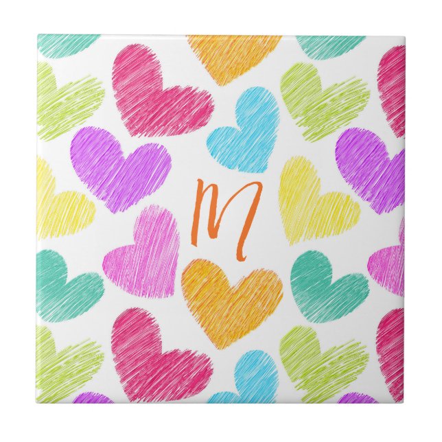 Niedliche Herzpastel Valentine Liebe Monogramm Fliese (Vorderseite)