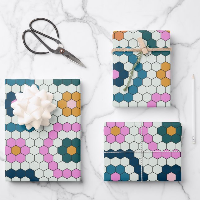 Niedliche Hexagon-Formen Fliesenmuster Retro Aquam Geschenkpapier Set (Vorderseite)
